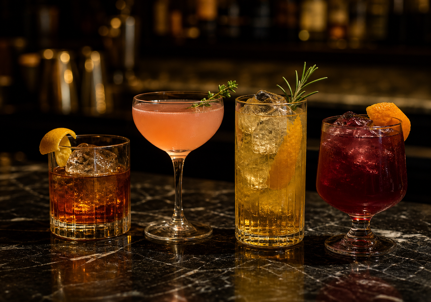 Quatro cocktails diferentes num balcão de bar
